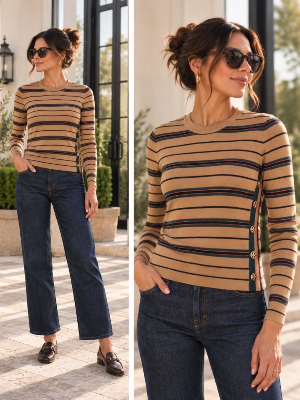 Tory Burch Madeline 100% Merino Wool Striped Sweater Gold Button Accent S